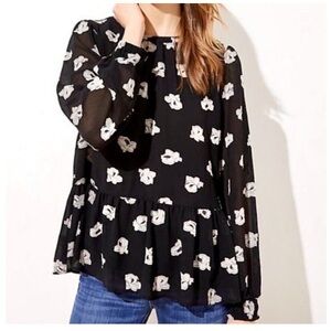 Ann Taylor LOFT Floral Peplum Chiffon Embroidered Blouse Black Medium